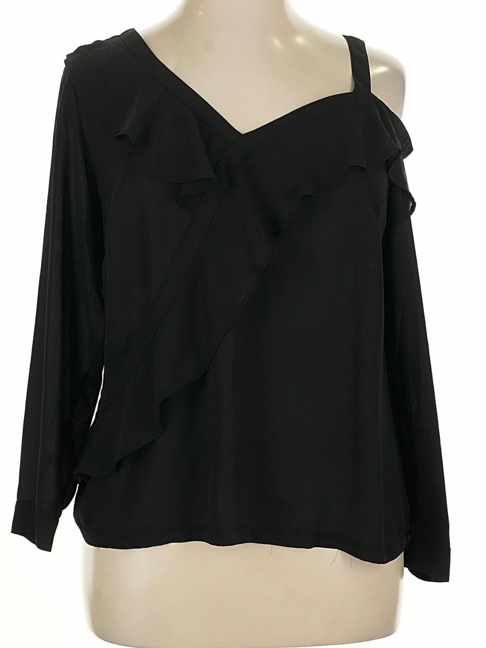 INC International Concepts Black Cold-Shoulder Ruffle Long-Sleeve Top
